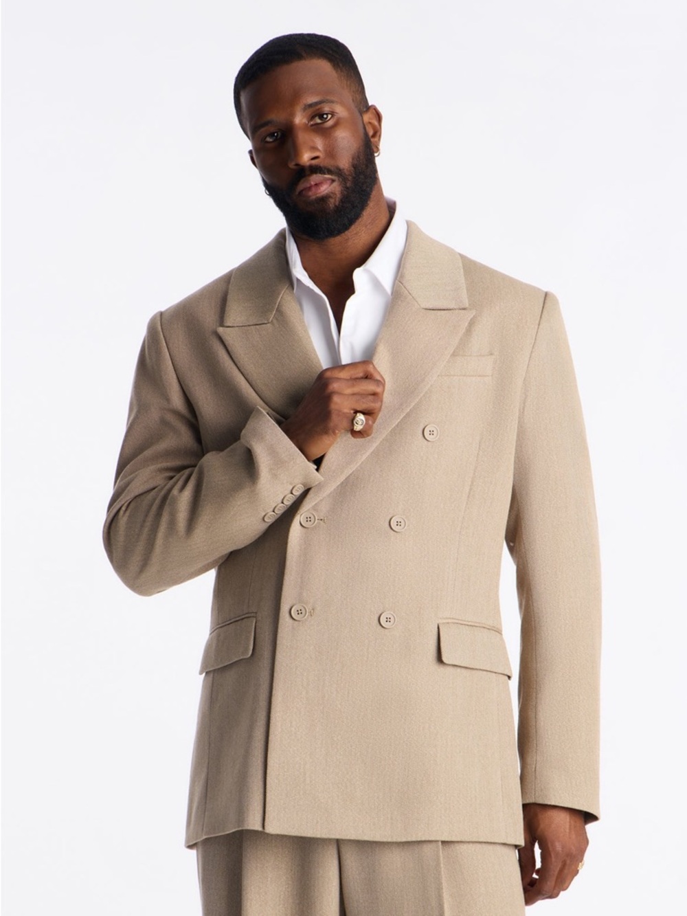 Fashion Nova Men's Double-Breasted Suit Blazer in Beige